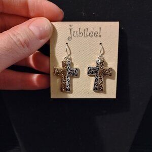 Two-toned cross dangle earrings